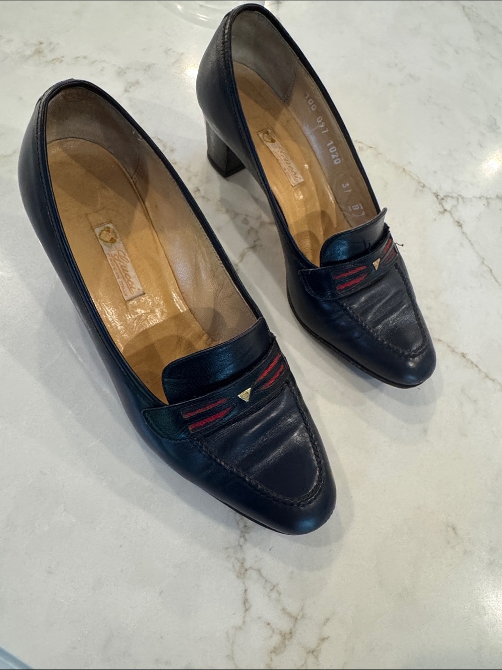 Navy Leather Loafers with Red & Green Stripe Detail